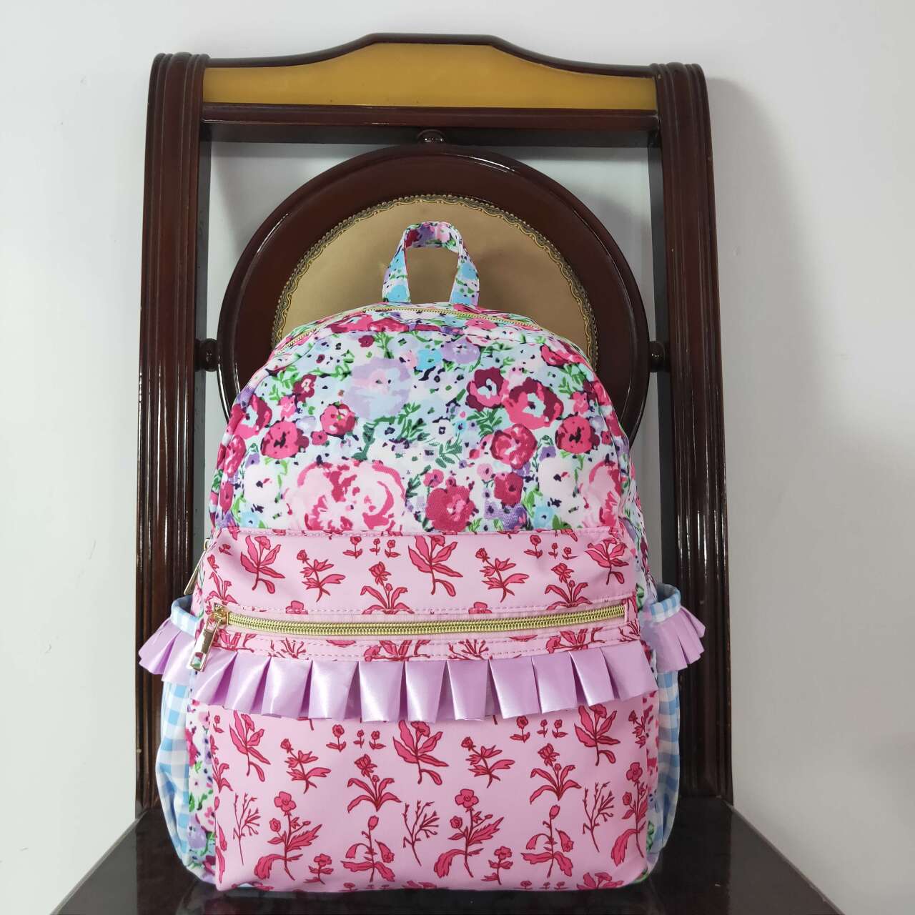 BA0099 Blue and purple flower lace plaid backpack