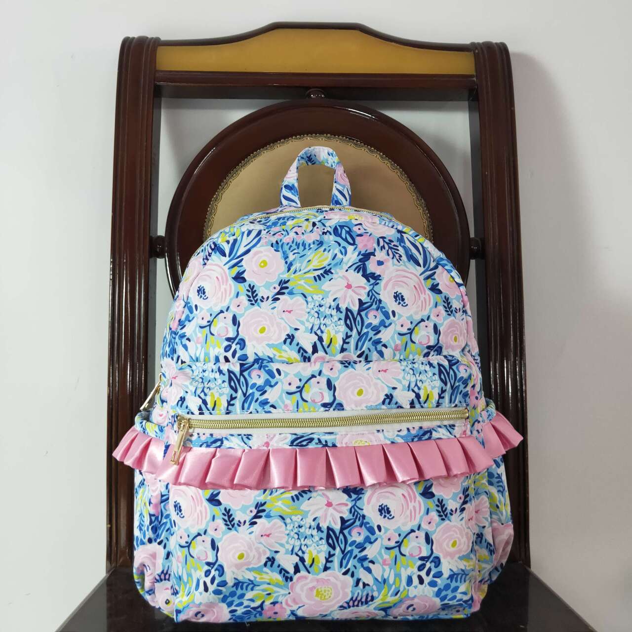 BA0175 Flower rose pink lace blue backpack
