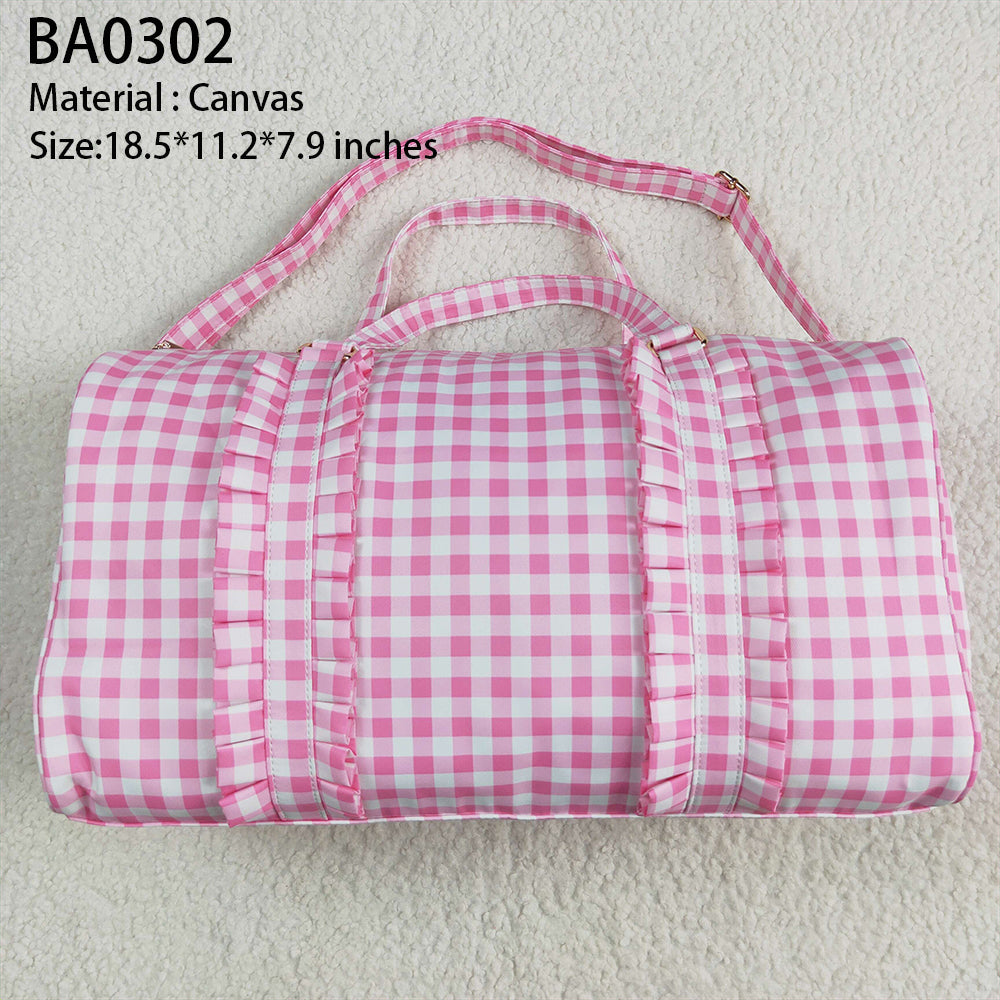 BA0302 Pink Checkered Print Gym Duffle Bags D 5.6