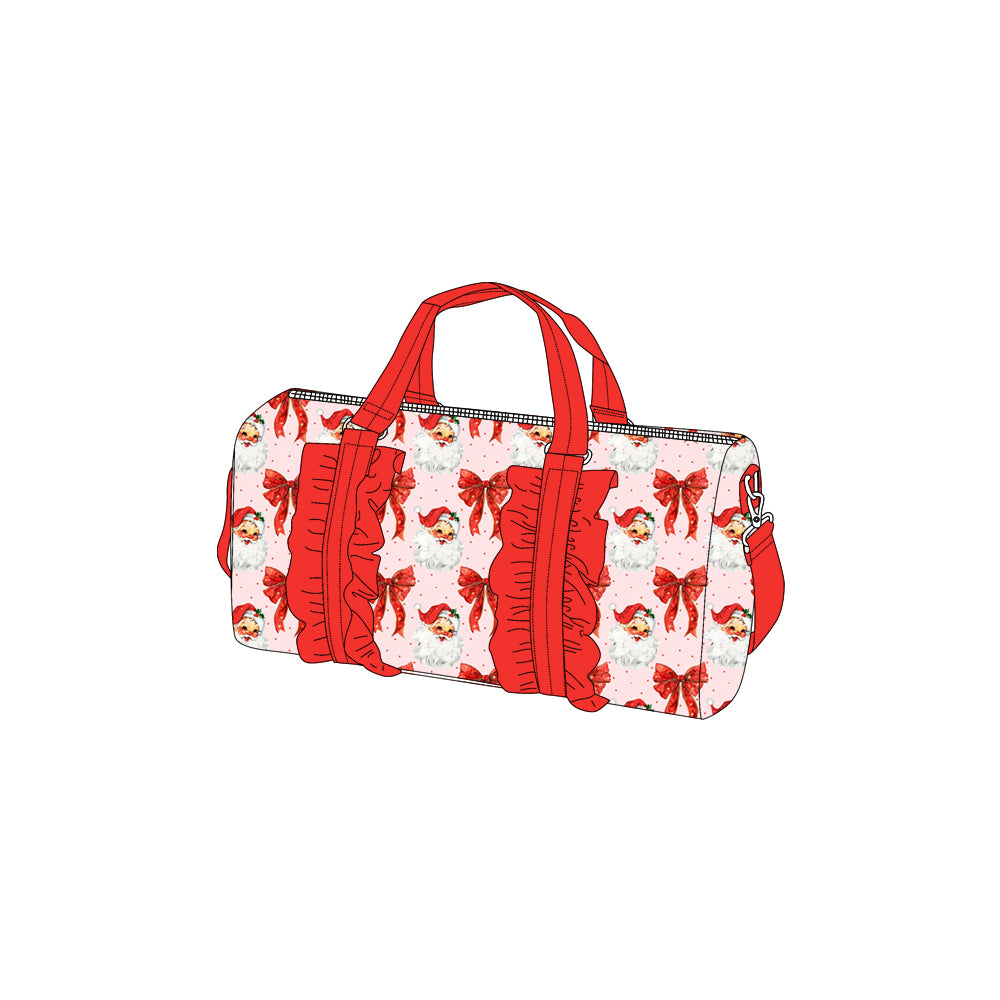 BA0306 Christmas Red Ruffle Bows Santa Print Zipper Gym Bags D 7.5