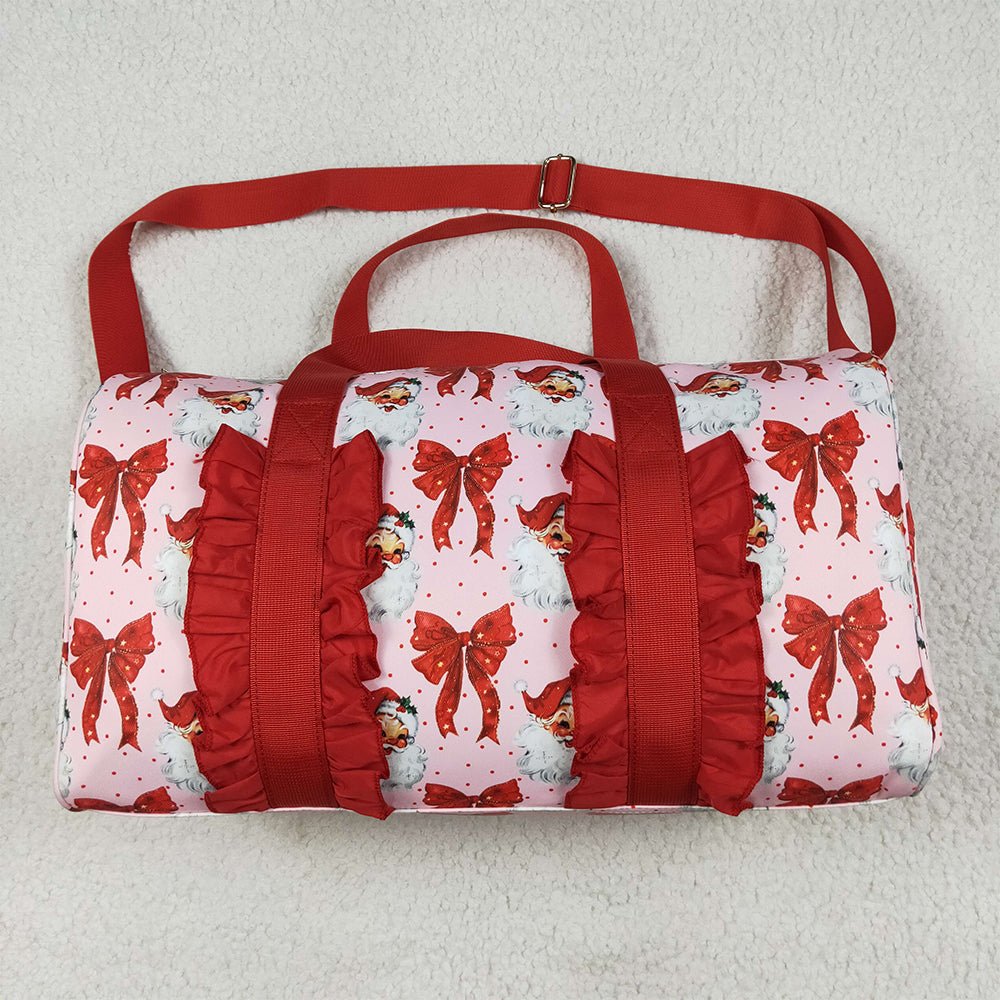 BA0306 Christmas Red Ruffle Bows Santa Print Zipper Gym Bags D 7.5