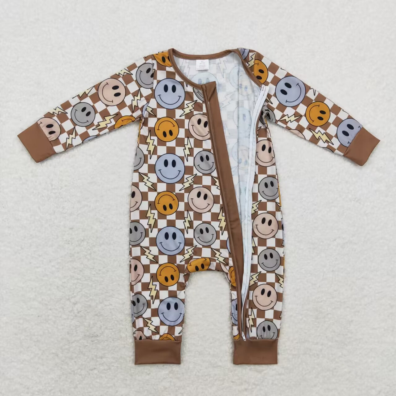 LR0961 Bamboo Lightning Brown Plaid Zip-Up Long Sleeve Bodysuit