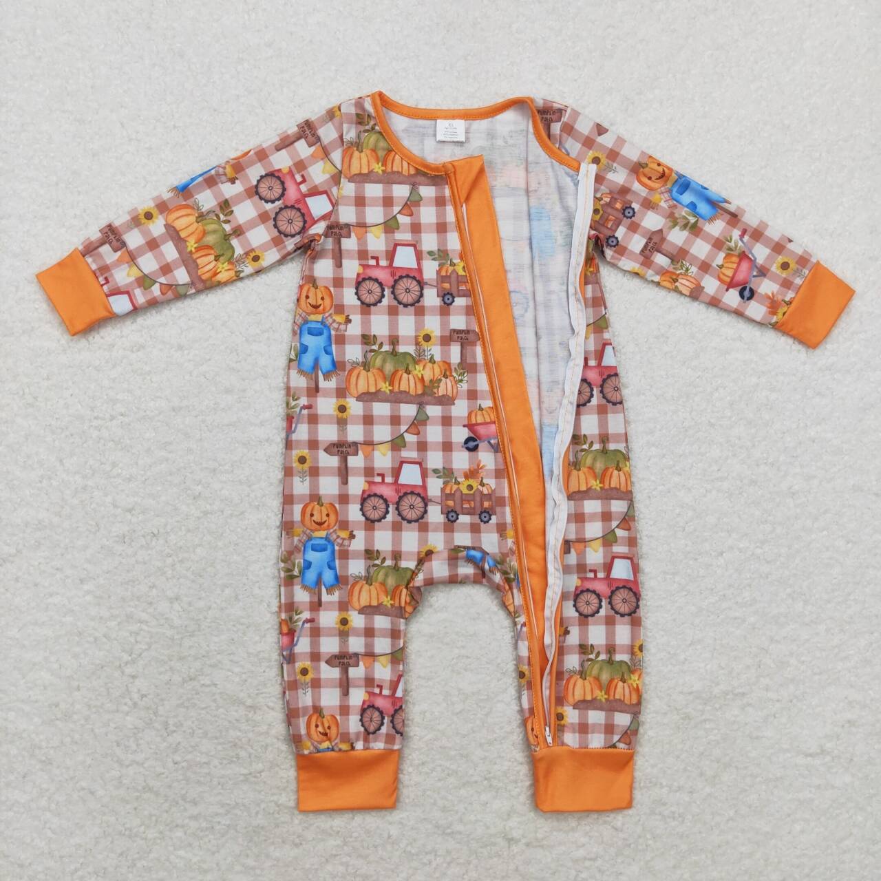 LR1046 Pumpkin Straw Plaid Zip Long Sleeve Jumpsuit