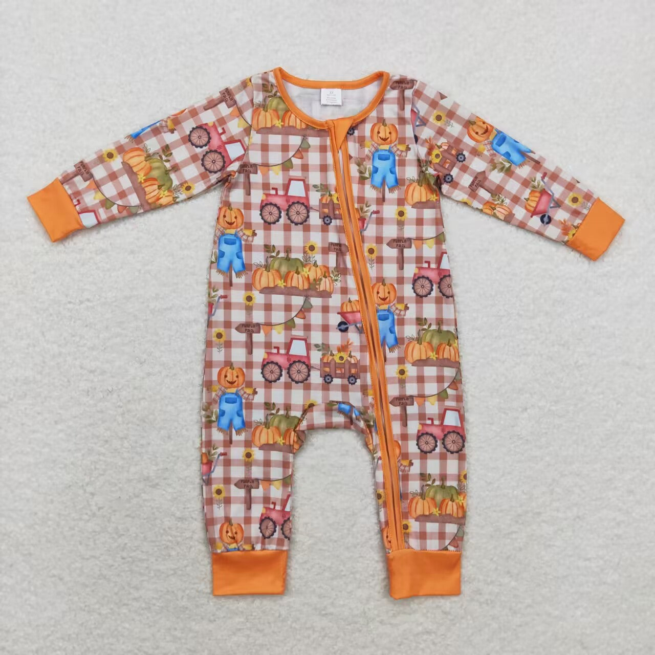 LR1046 Pumpkin Straw Plaid Zip Long Sleeve Jumpsuit