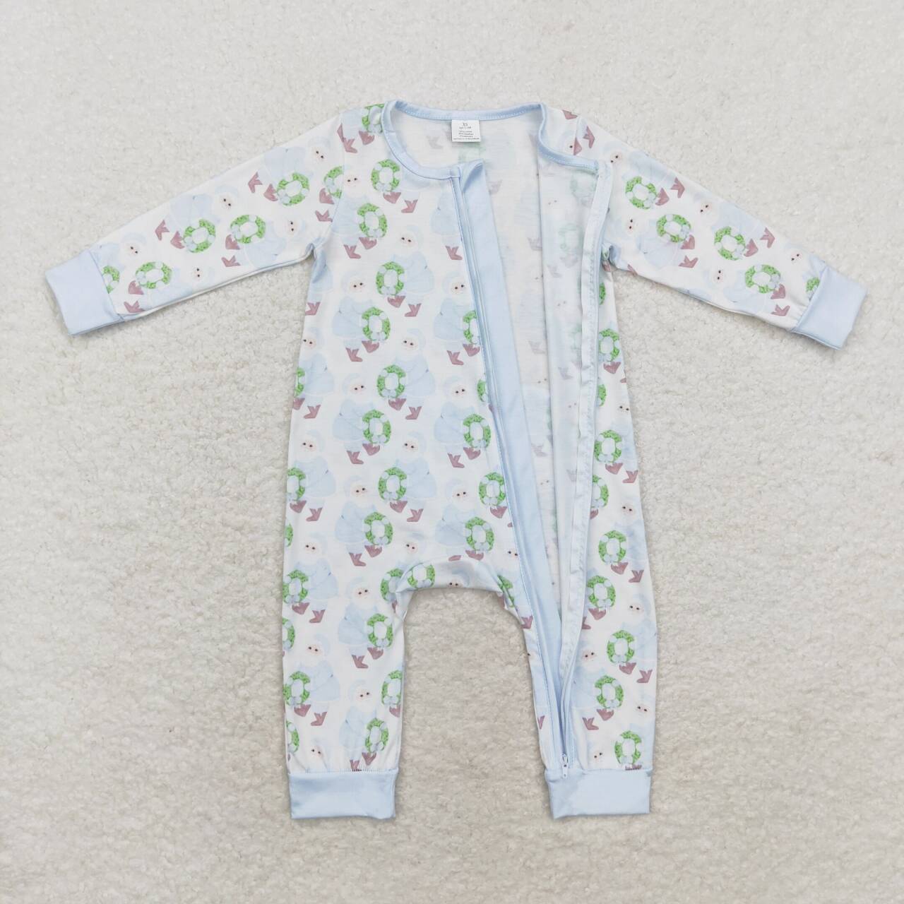LR1148 Bamboo Blue Santa Wreath Zip-Up Long Sleeve Bodysuit