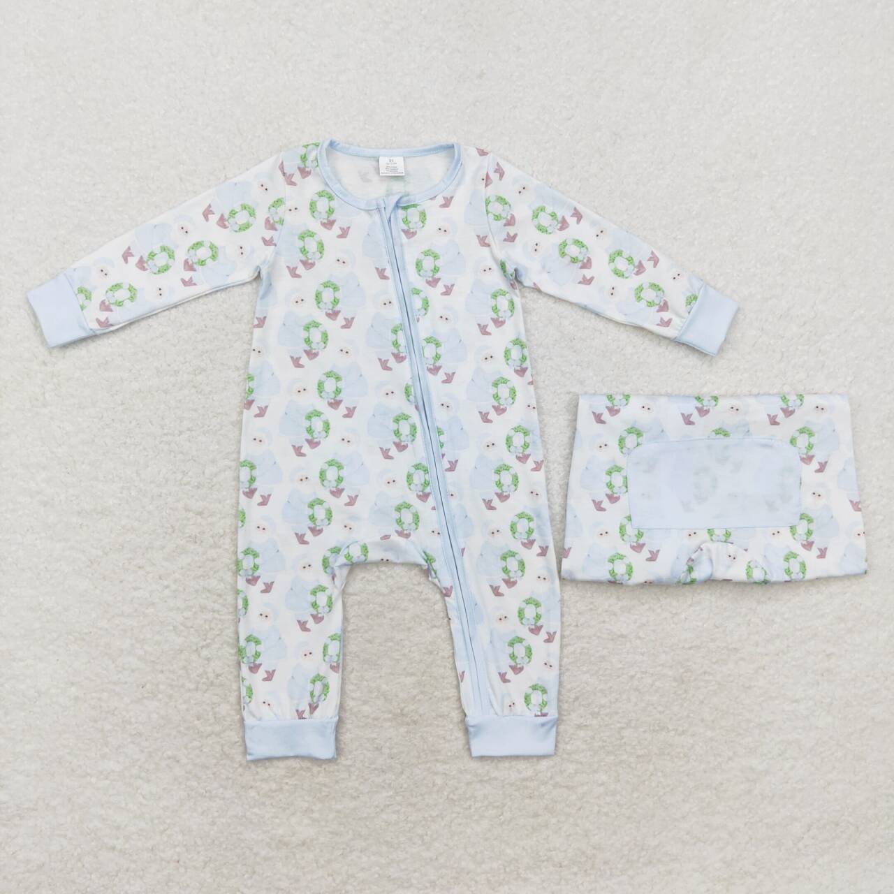 LR1148 Bamboo Blue Santa Wreath Zip-Up Long Sleeve Bodysuit