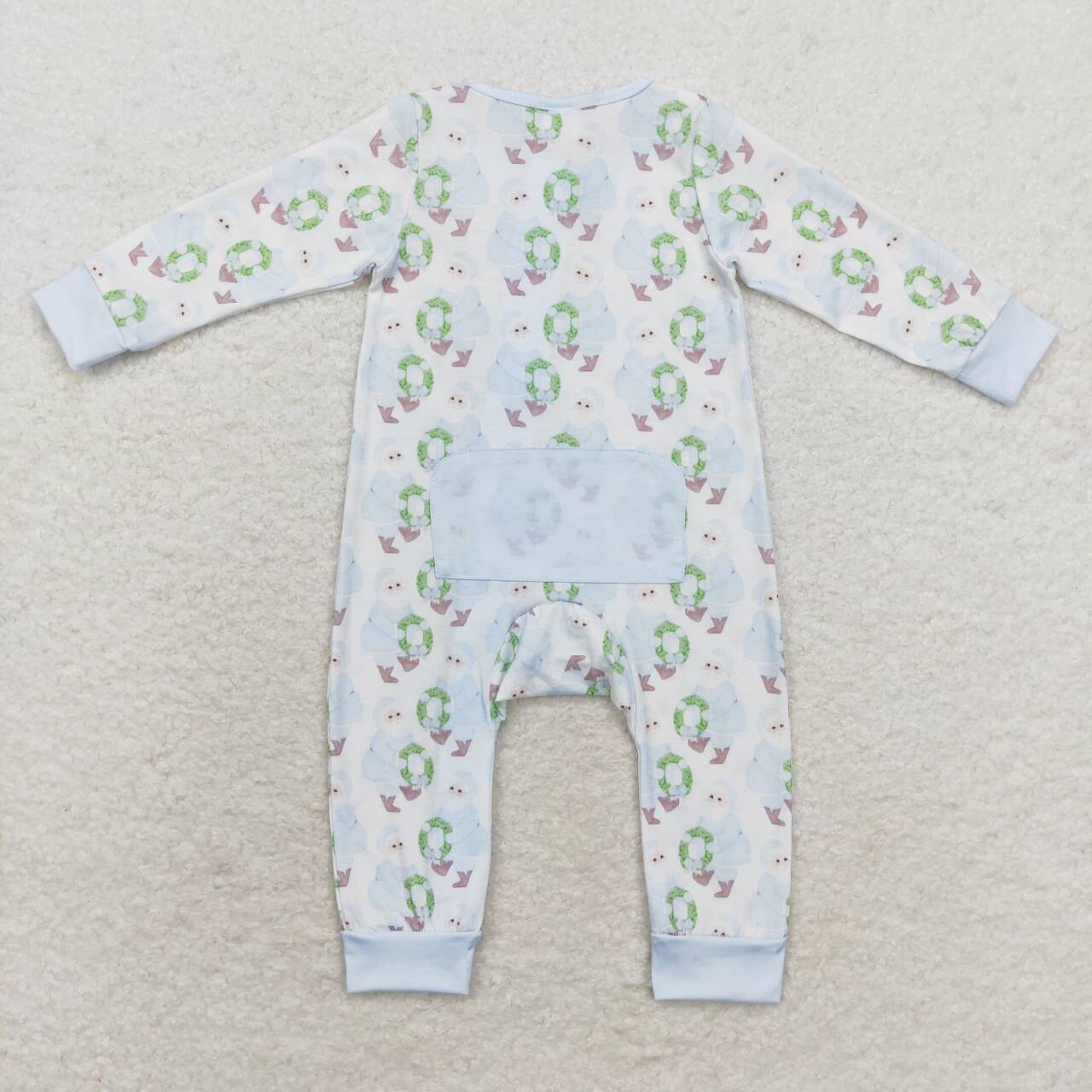 LR1148 Bamboo Blue Santa Wreath Zip-Up Long Sleeve Bodysuit