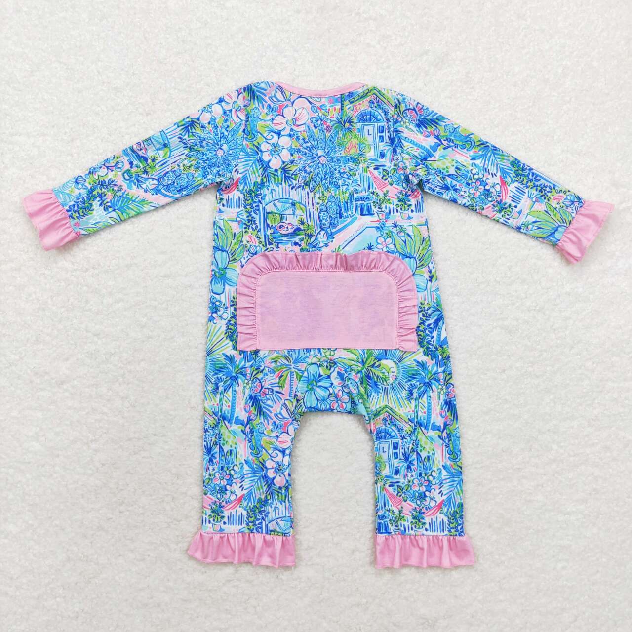 LR1339 BAMBOO Flower House Landscape Rose Red Lace Zipper Long Sleeve Jumpsuit