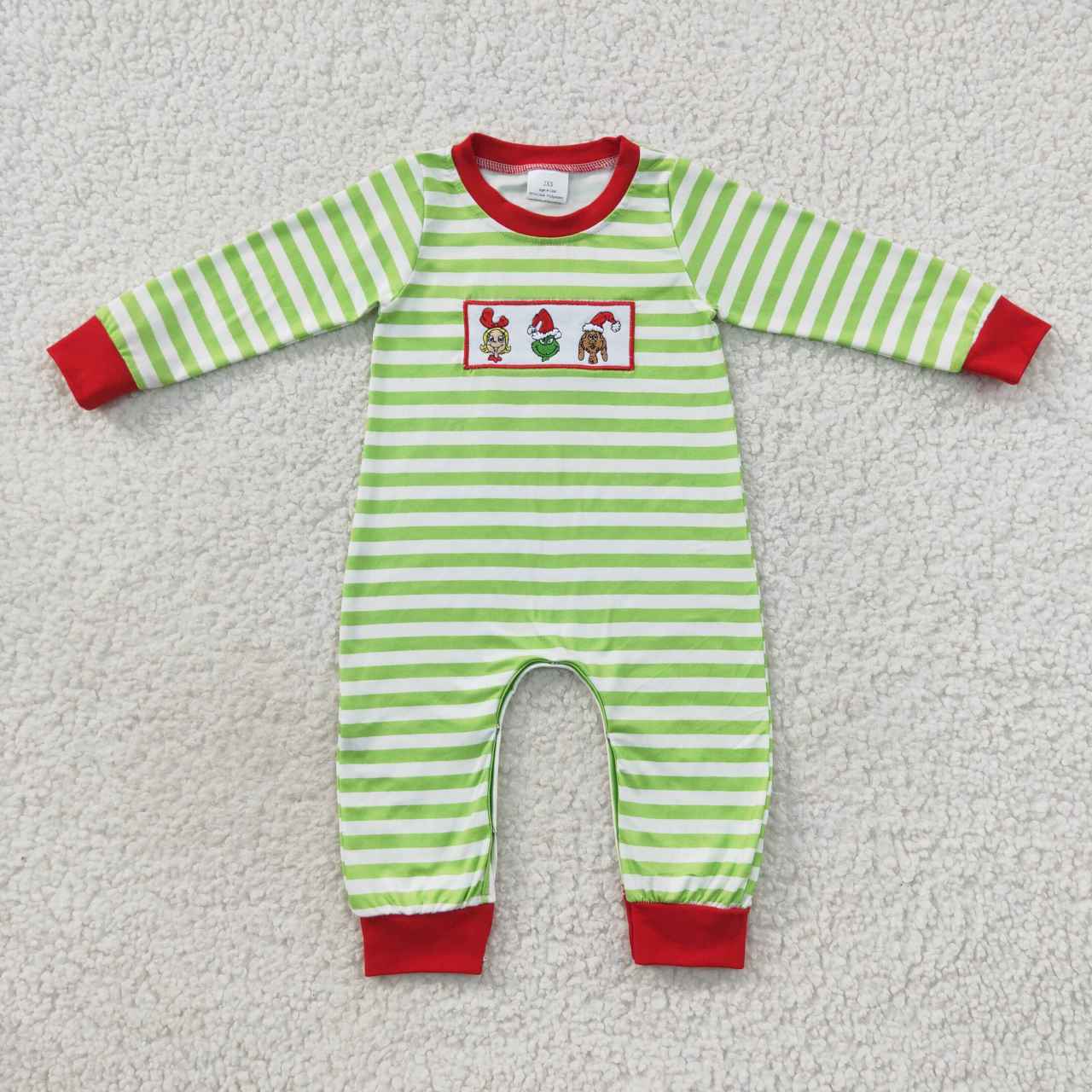 LR0388 Christmas cartoon boy embroidered dog green striped long-sleeved jumpsuit