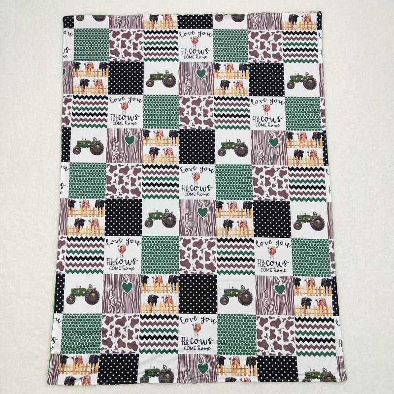 BL0096 Farm cow tractor plaid green baby blanket