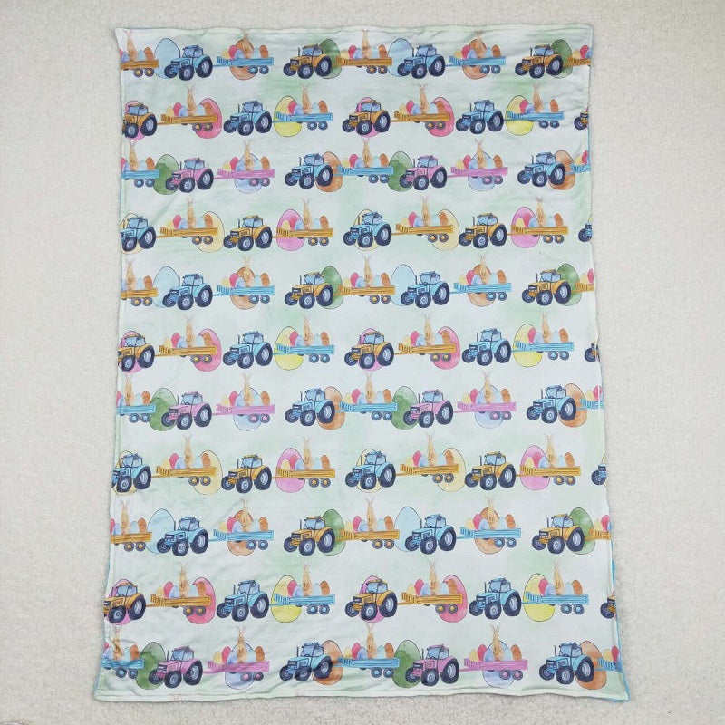 BL0117 Easter egg rabbit tractor blue -green baby blanket