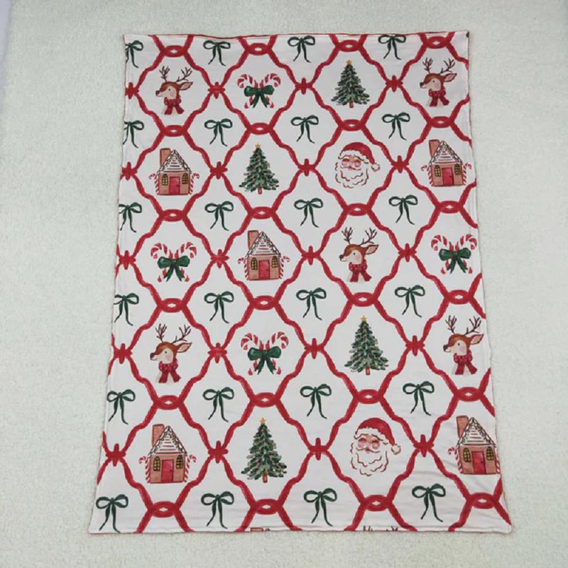 Family Sibling Baby Kids Christmas Red Bows Santa Trees Checked Clothes Sets Rompers Blanket