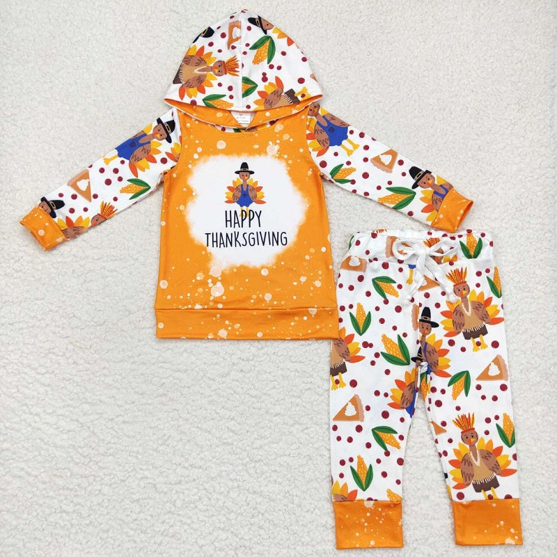 BLP0222 happy thanksgiving turkey orange hooded long sleeve pants suit