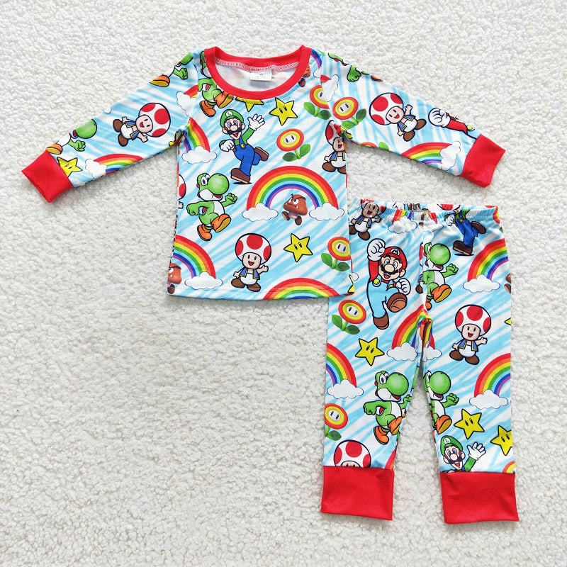 BLP0275 Cartoon Mushroom Rainbow Red Blue Long Sleeve Trouser Set