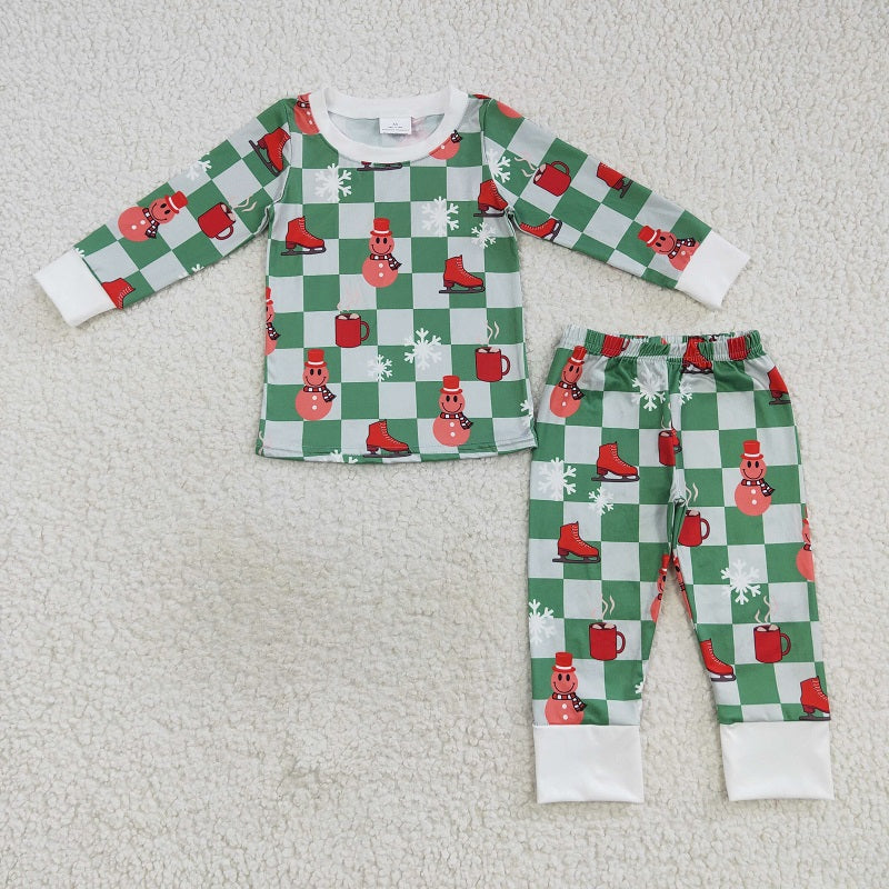 BLP0317 Snowflake Happy Face Green Plaid Long Sleeve Pants Suit