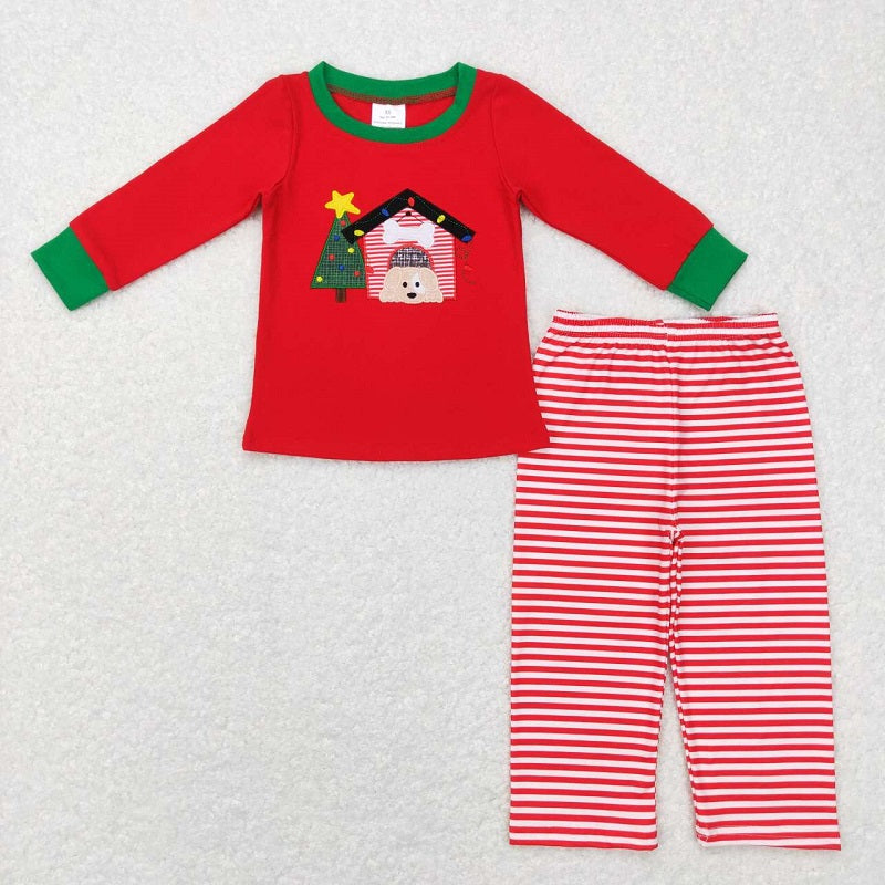 BLP0331 Embroidery Stars Christmas Tree Puppy House Red Striped Long Sleeve Pants Suit