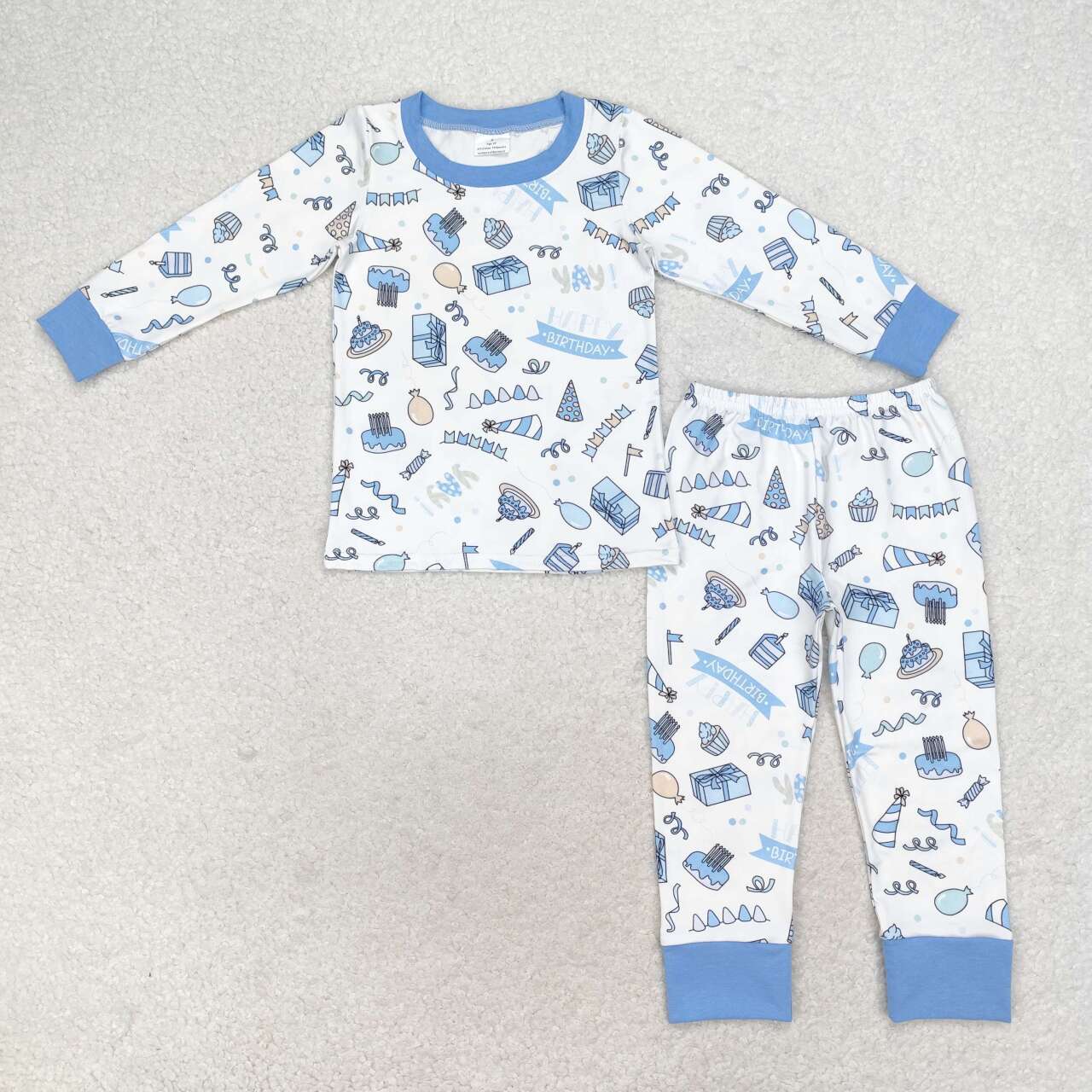 BLP0470 Birthday Cake Blue and White Long Sleeve Long Pants Pajama Set