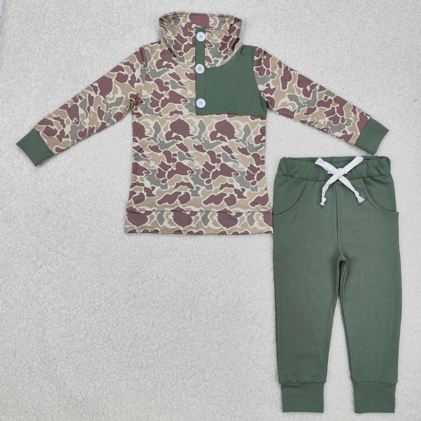 BLP0491 Camo Button Long Sleeve Army Green Pants Suit