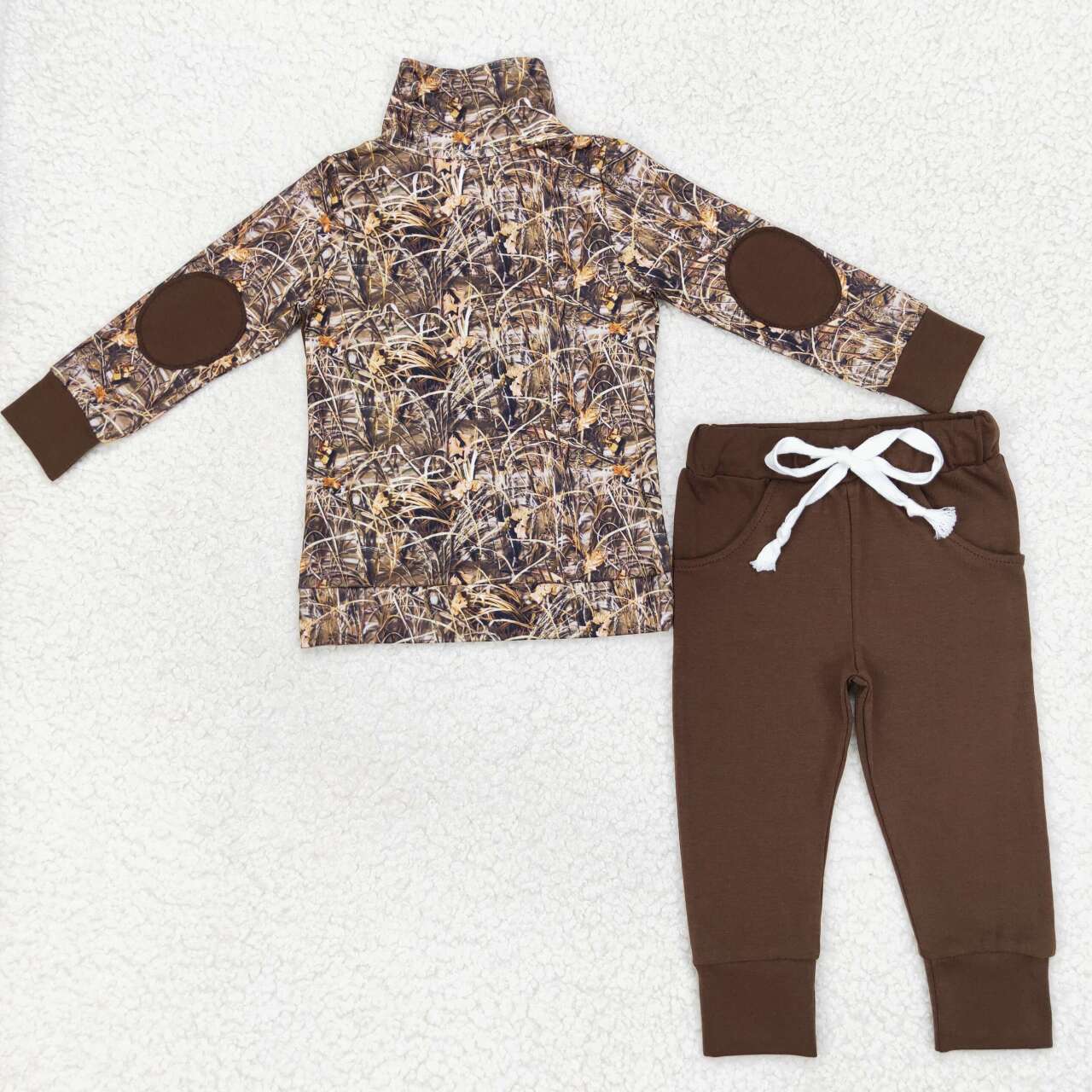 BLP0495 Leaf Camo Button Long Sleeve Brown Pants Suit