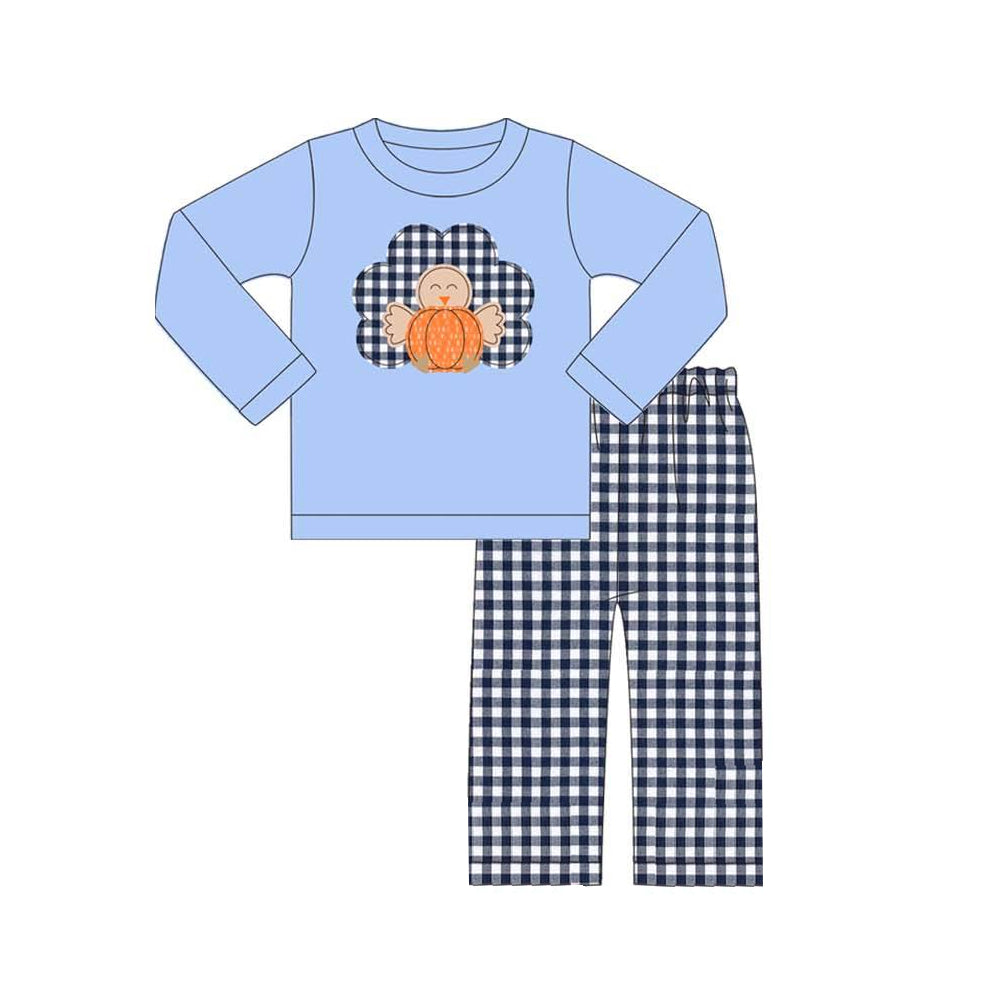 presale BLP0510 Pumpkin Turkey Plaid Blue Long Sleeve Pants Suit