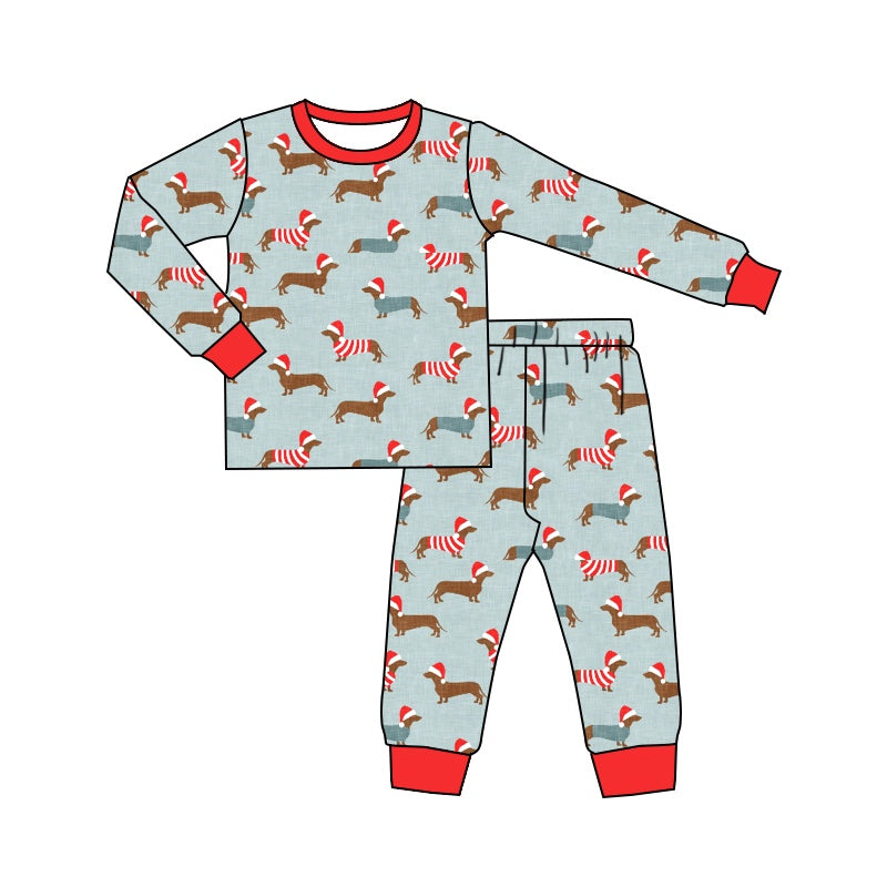 BLP0515 Bamboo Christmas Hat Puppy Blue Long Sleeve Pants Pajama Set