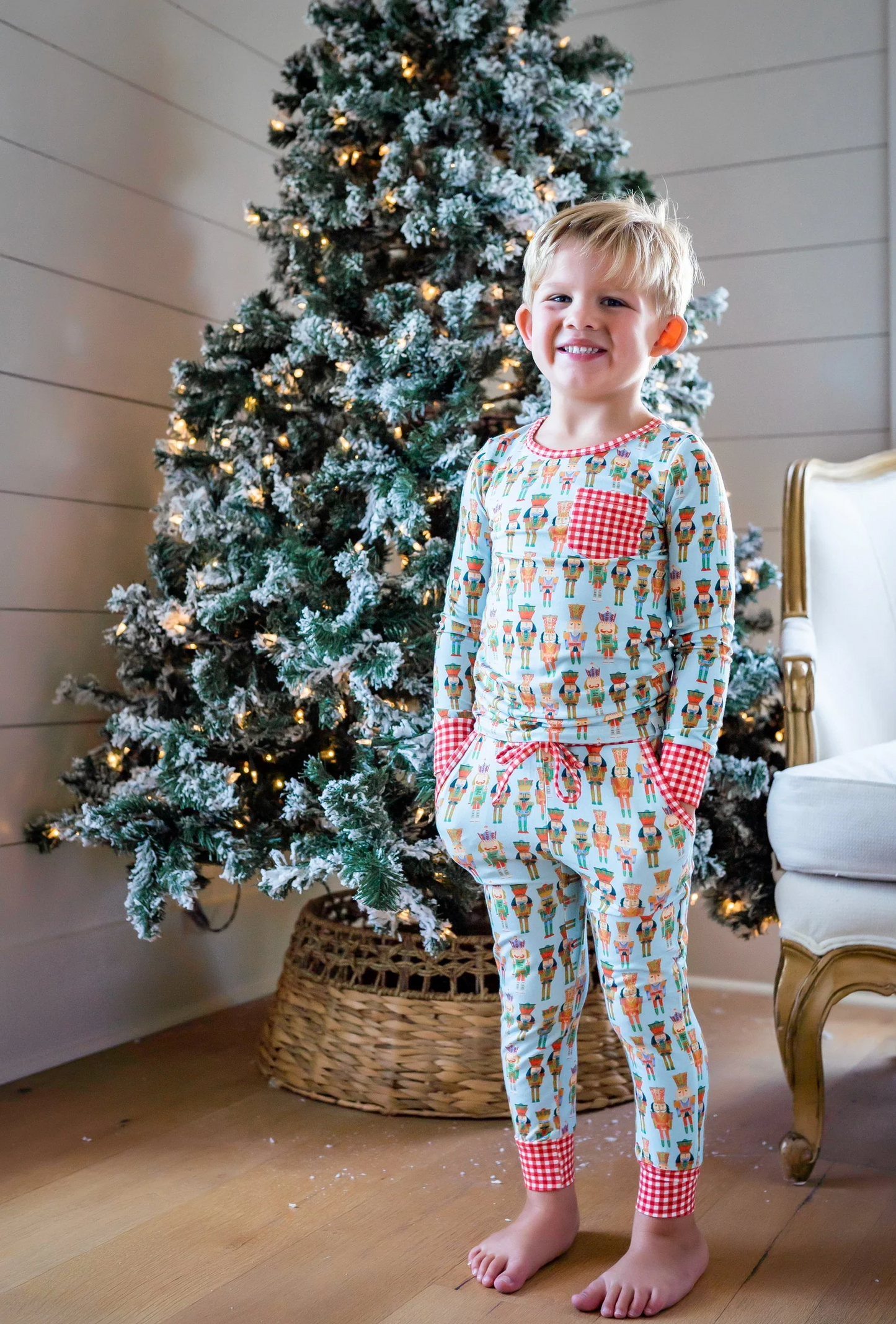 BLP0521 Bamboo Christmas Nutcracker Plaid Pocket Blue Long Sleeve Pants Pajama Set
