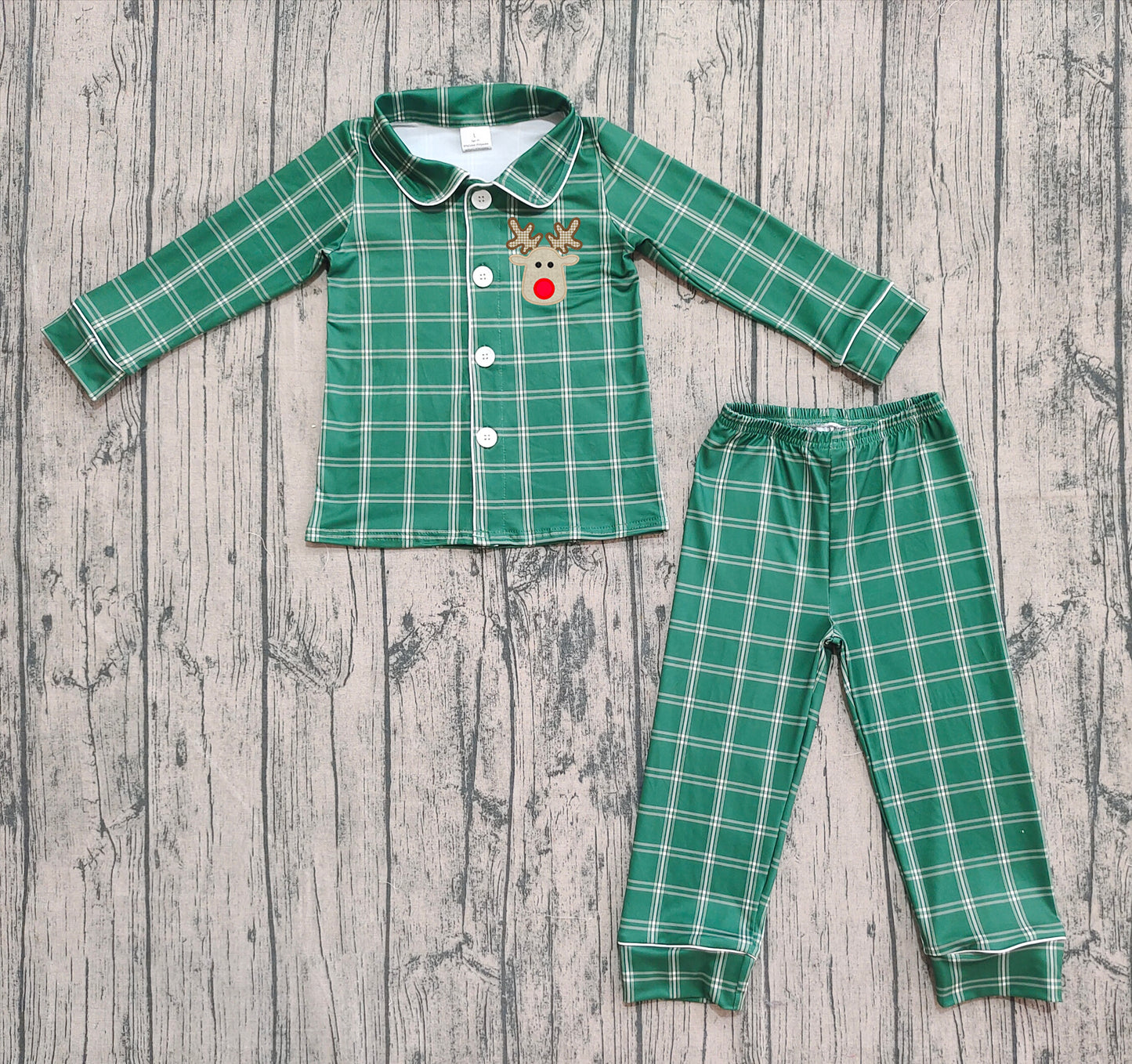 presale BLP0545 Christmas Reindeer Green Plaid Long Sleeve Long Pants Pajama Set D 8.7