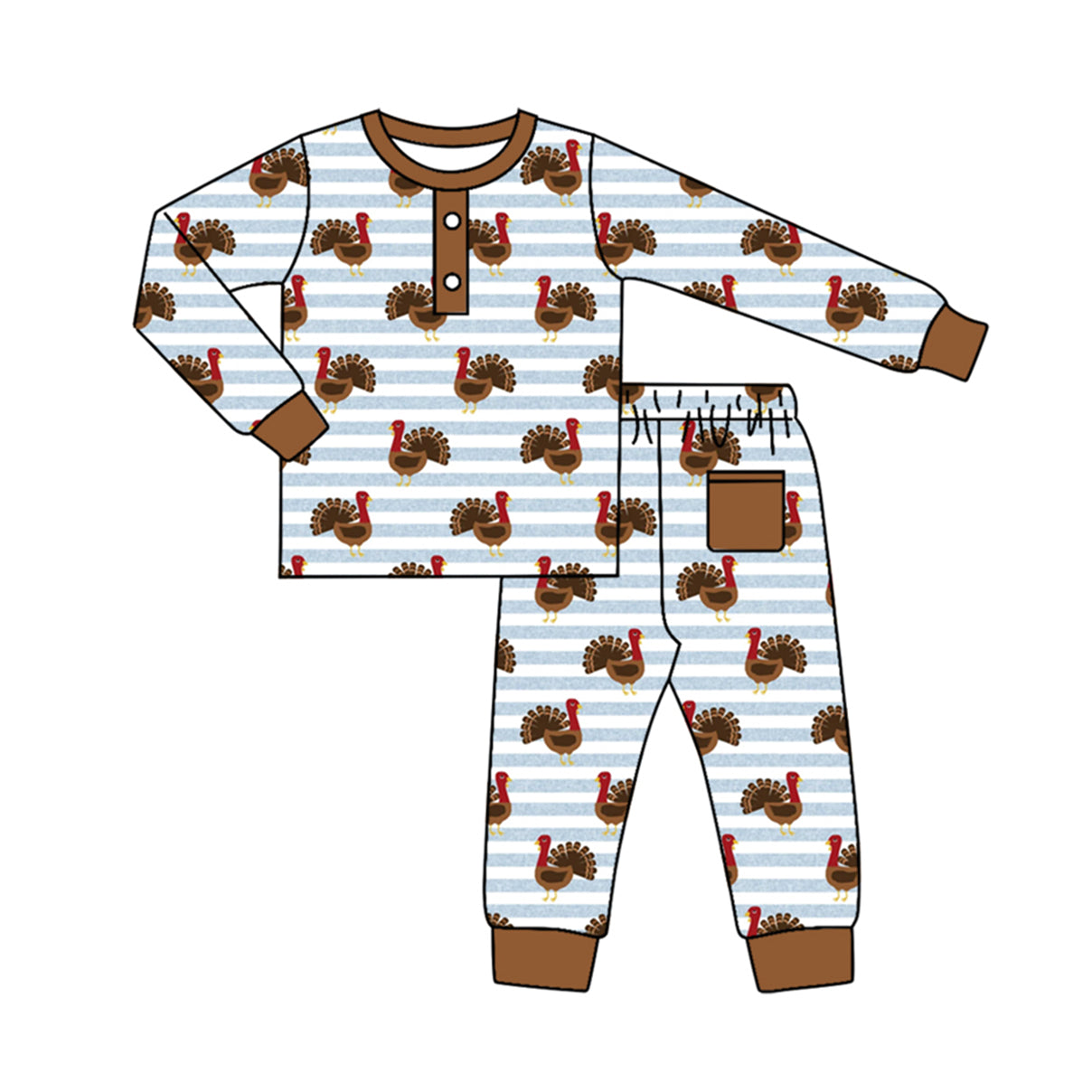 presale BLP0578 Turkey Stripe Brown Pocket Long Sleeve Long Pants Pajama Set