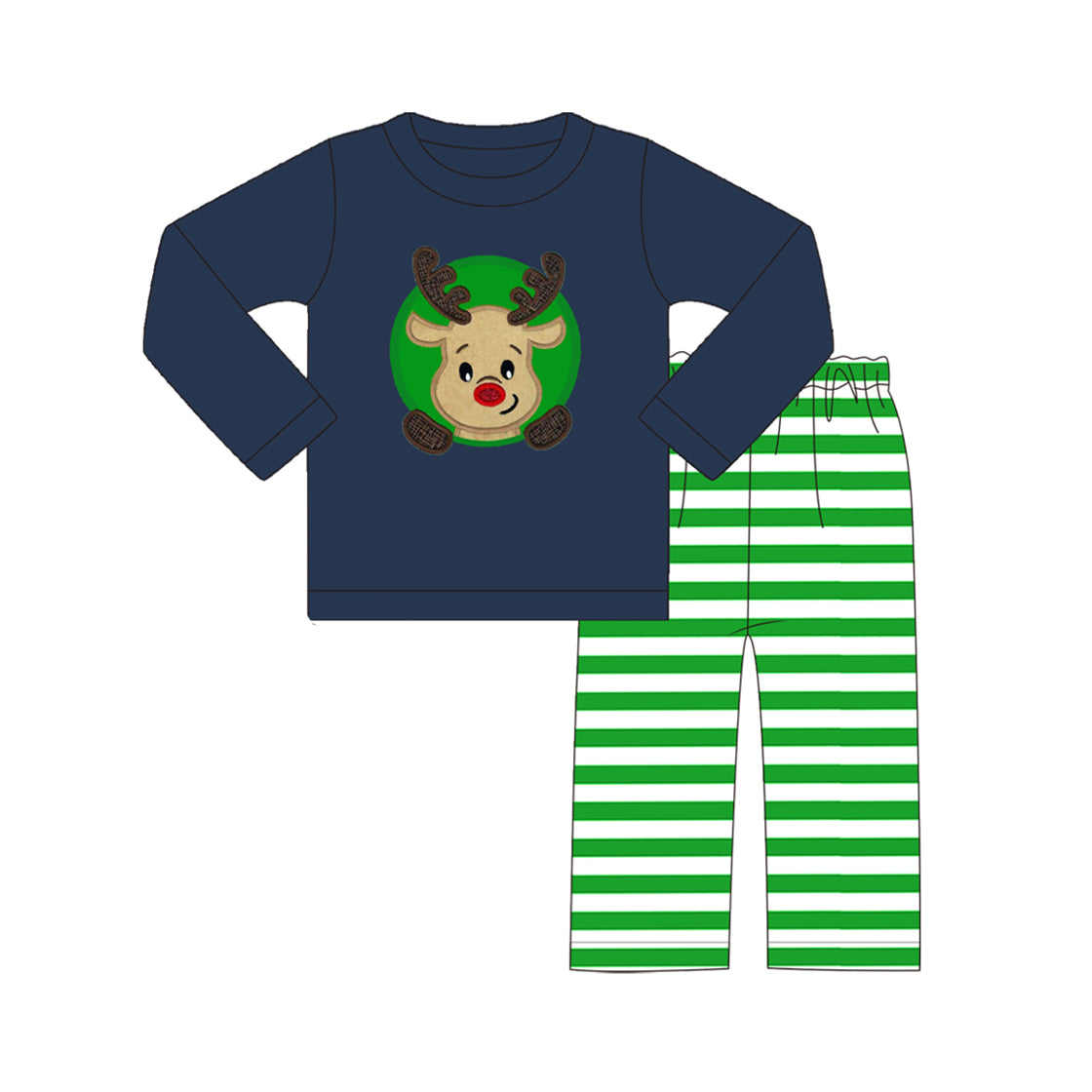 presale BLP0582 Christmas Reindeer Navy Blue Long Sleeve Green Striped Pants Suit
