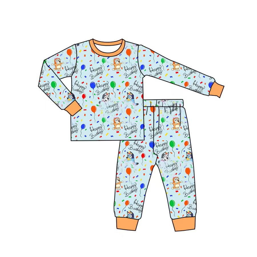 presale BLP0583 happy birthday blue long sleeve long pants pajamas set