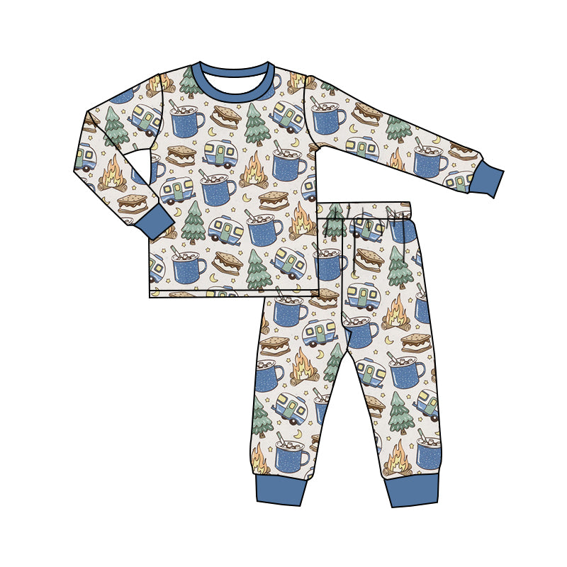 presale BLP0586 Christmas Tree Fireplace Blue Trim Long Sleeve Long Pants Pajama Set