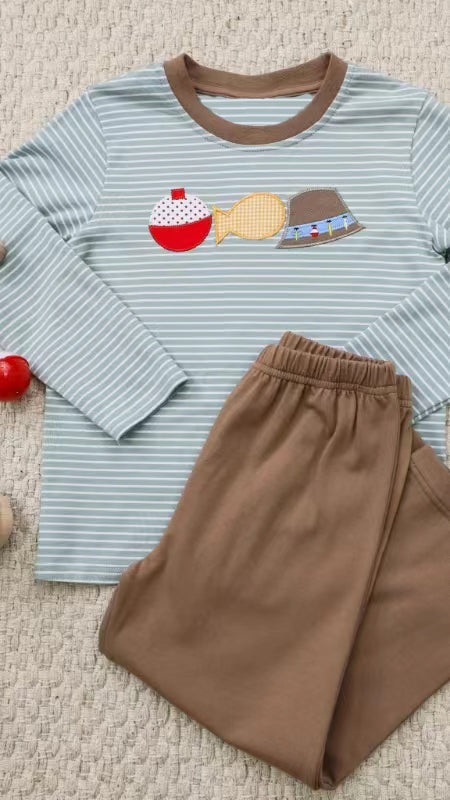 BLP0590 Fishing hat striped long sleeve brown trousers suit