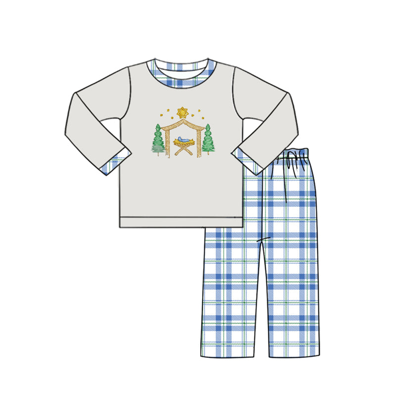 presale BLP0594 Christmas Tree Jesus Light Grey Long Sleeve Blue Plaid Pants Suit