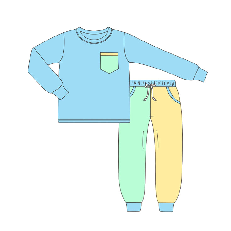 BLP0596 Pocket blue long-sleeved yellow green patchwork trousers suit