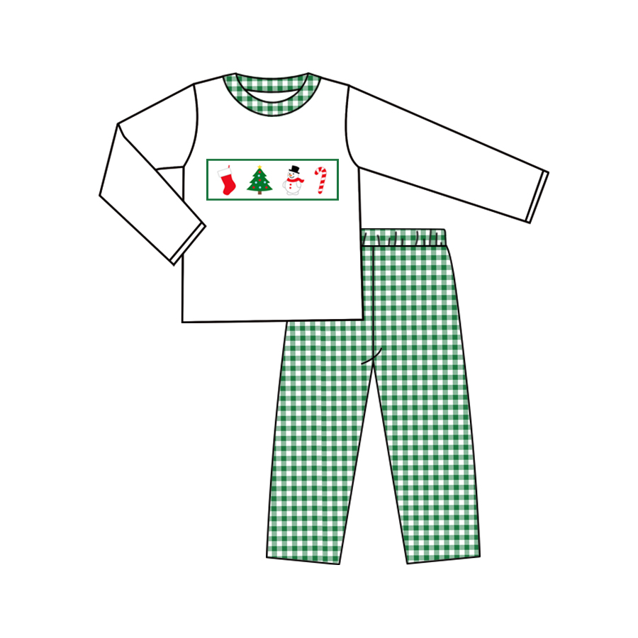 BLP0603 Christmas Tree Snowman Cane White Long Sleeve Green Plaid Trousers Suit