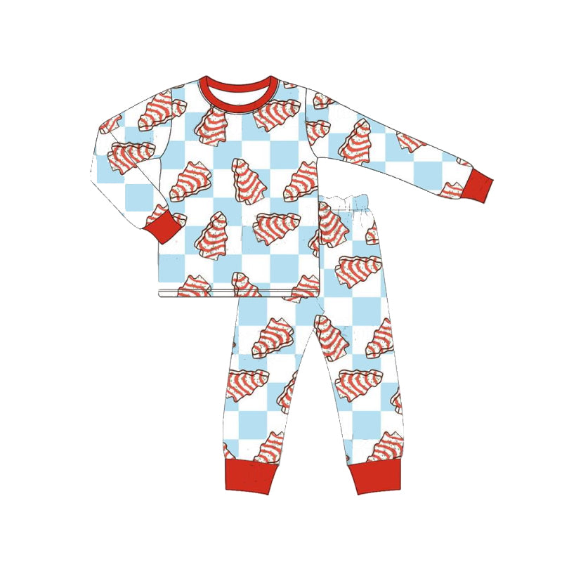 presale BLP0604 Christmas Tree Cookie Blue and White Plaid Long Sleeve Long Pants Pajama Set
