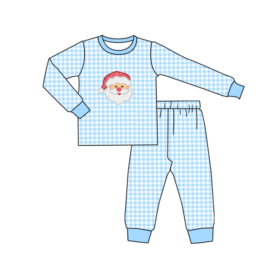 presale BLP0605 Santa Claus Blue Plaid Long Sleeve Long Pants Pajama Set