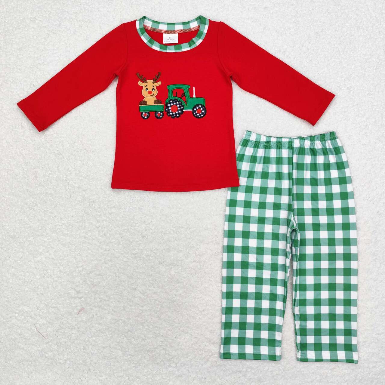 BLP0611 Christmas Reindeer Truck Red Long Sleeve Green Plaid Trousers Suit