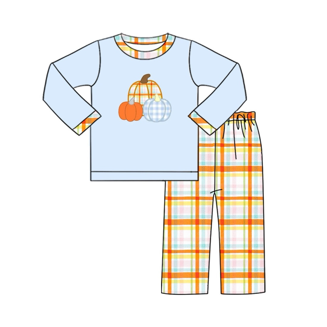 presale BLP0616 Colorful Plaid Pumpkin Blue Long Sleeve Pants Set