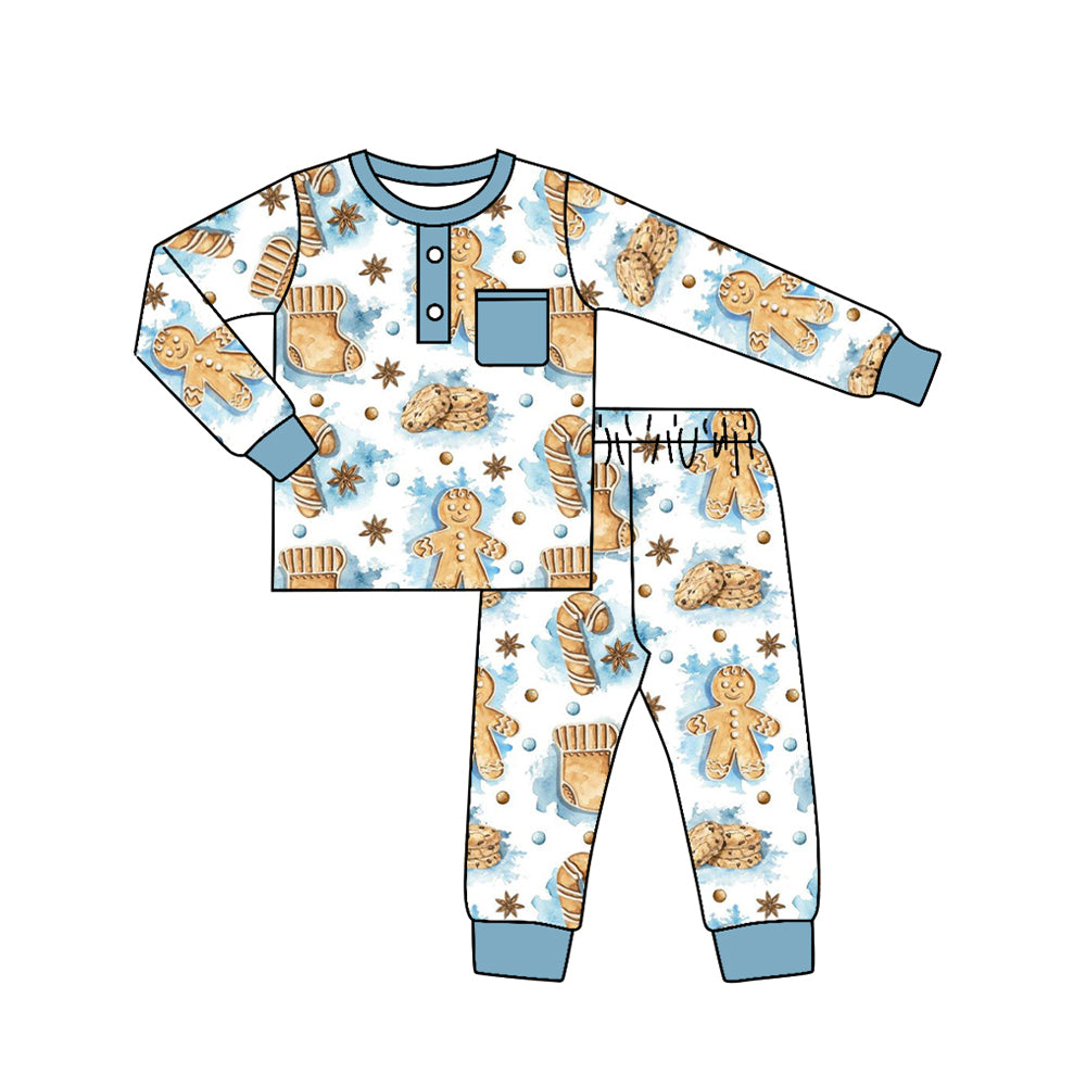 presale BLP0619 Gingerbread Man Cookie Pocket Blue and White Long Sleeve Long Pants Pajama Set