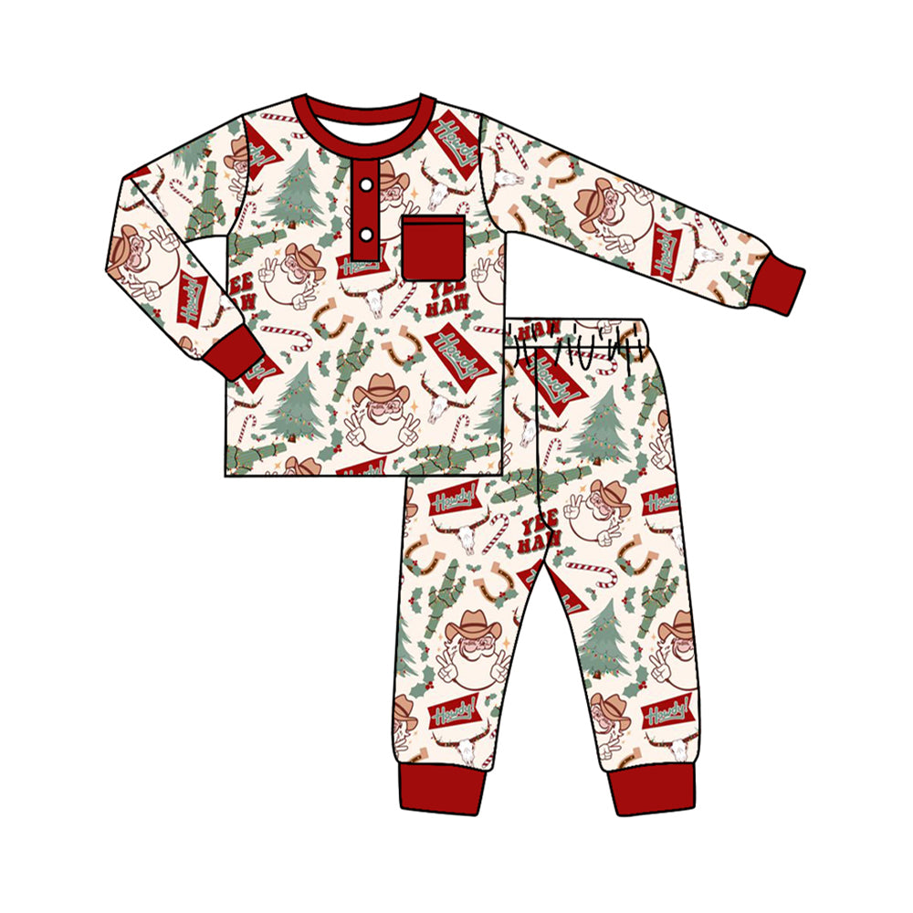 BLP0620 Bamboo Santa Claus Cactus Bull Head Pocket Beige Long Sleeve Long Pants Pajama Set