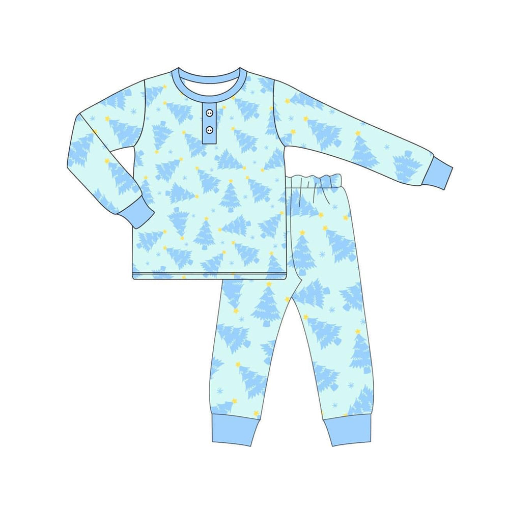 presale BLP0628 Christmas Tree Snowflake Teal Long Sleeve Long Pants Pajama Set