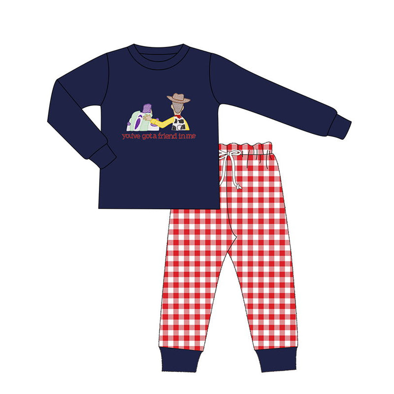 presale BLP0634 Cartoon navy blue long-sleeved red plaid trousers suit