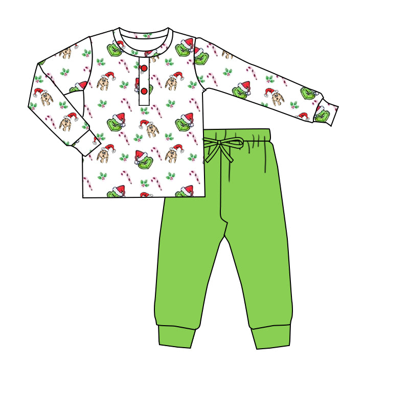 presale BLP0646 Puppy Cane White Long Sleeve Green Pants Suit