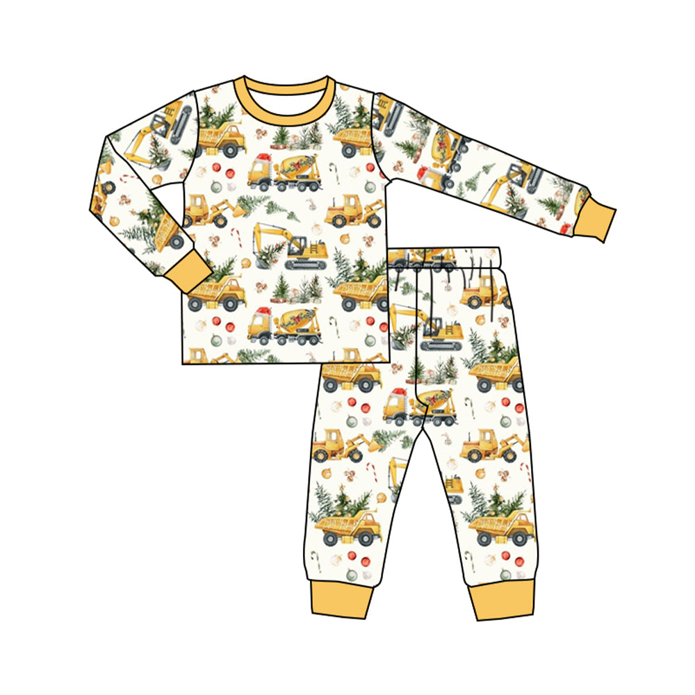 BLP0649 Christmas Tree Engineering Truck Beige Long Sleeve Long Pants Pajama Set