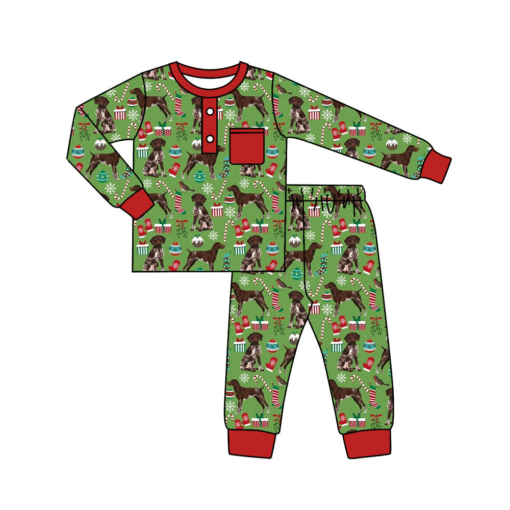 BLP0672 BAMBOO Christmas Tree Gift Puppy Red Pocket Green Long Sleeve Long Pants Pajama Set
