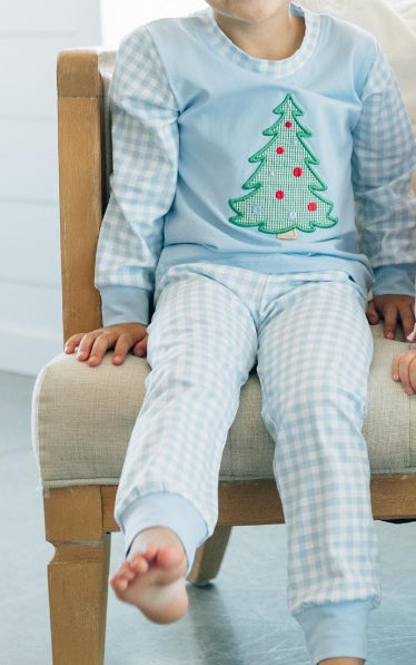 BLP0749 Christmas Tree Blue Plaid Long Sleeve Long Pants Pajama Set