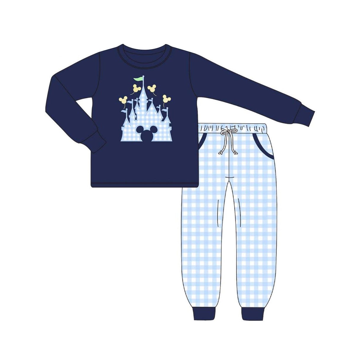 BLP0753 Castle Navy Blue Long Sleeve Plaid Trousers Set