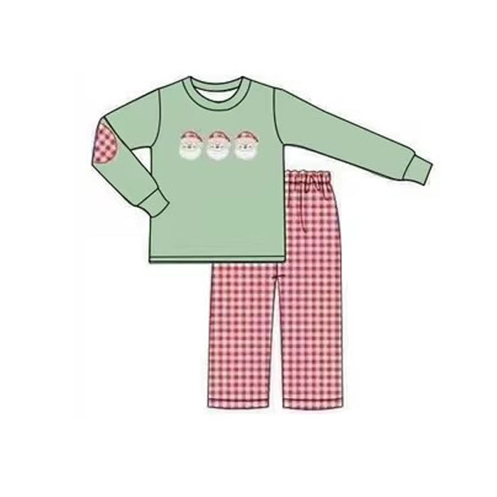 BLP0774 Santa Claus Green Long Sleeve Top Red and White Plaid Pants Set