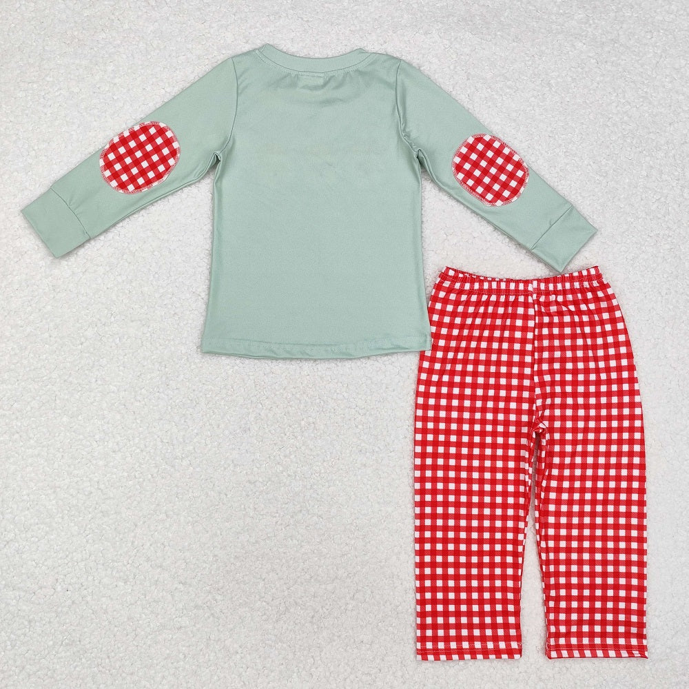 BLP0774 Santa Claus Green Long Sleeve Top Red and White Plaid Pants Set